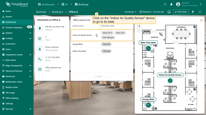 Office A state — Indoor Air Quality Sensor row highlighted to navigate to air_sensor state