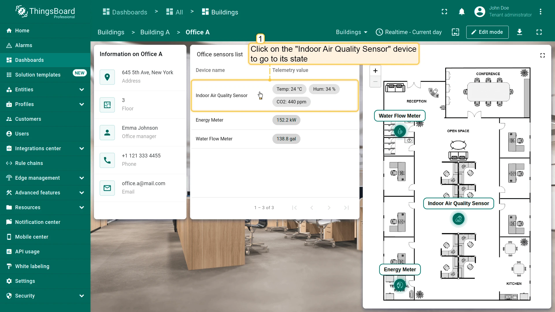 Office A state — Indoor Air Quality Sensor row highlighted to navigate to air_sensor state