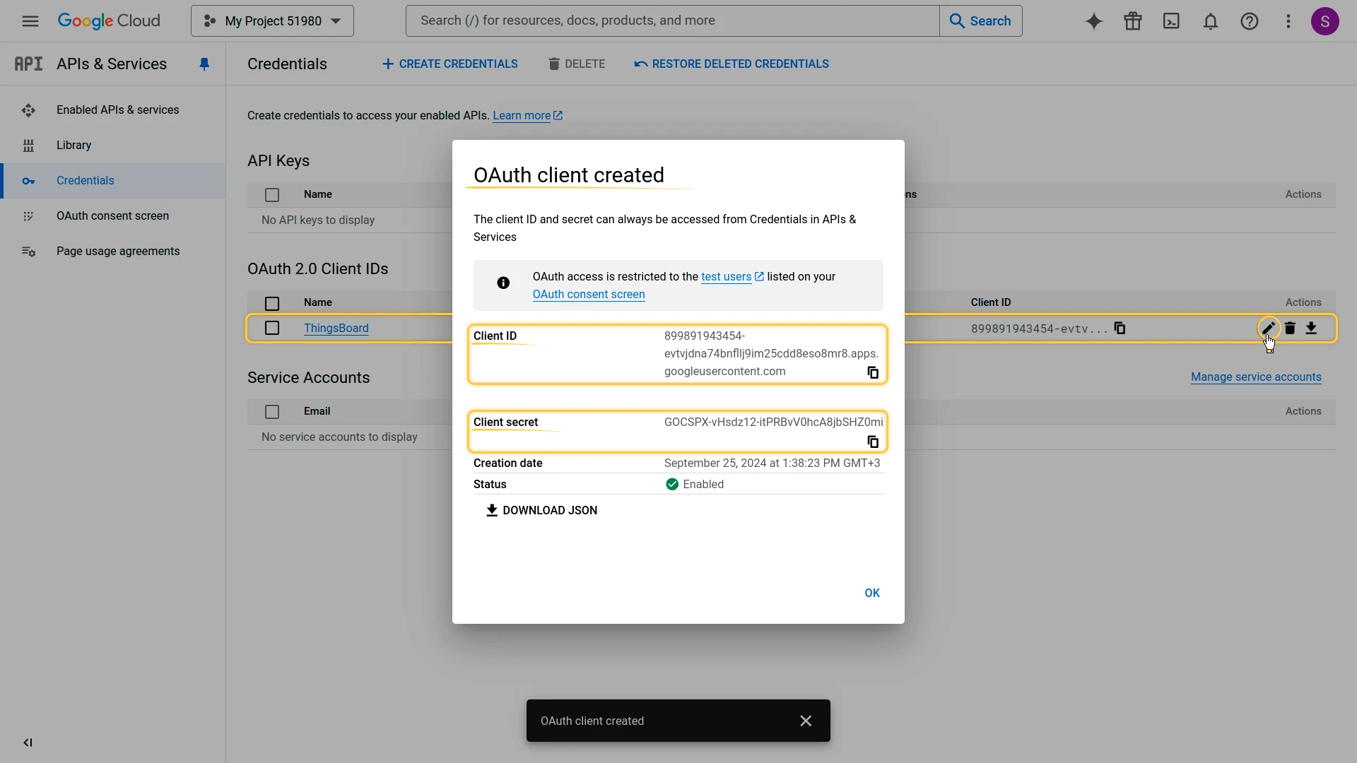 Generated Google OAuth Client ID and Secret