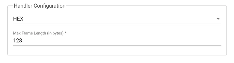 Handler Configuration — HEX selected, Max Frame Length 128 bytes
