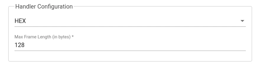 Handler Configuration — HEX selected, Max Frame Length 128 bytes