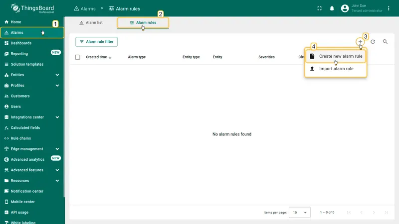Alarms page with Alarm rules tab and add button menu