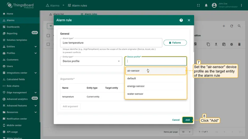 Alarm rule dialog with Device profile dropdown set to air-sensor