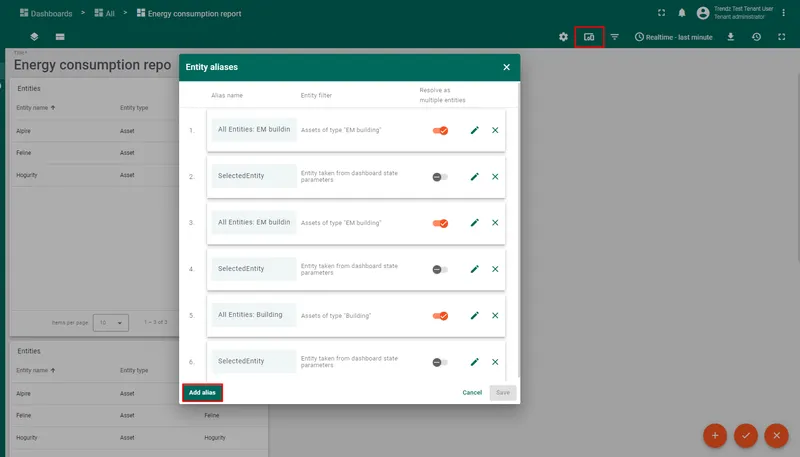 Configure dashboard aliases to filter entities by building, floor, and area