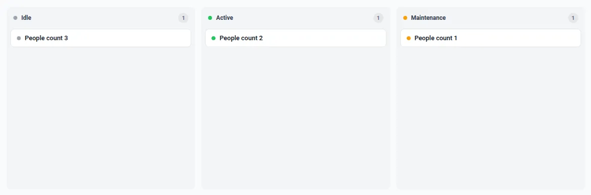Kanban board with Idle, Active and Maintenance columns; devices are draggable cards with status dots and per-column counts