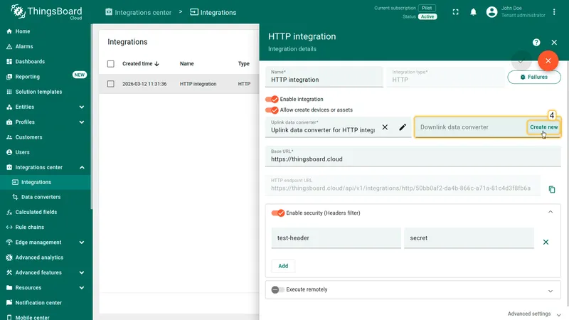Integration in edit mode — Downlink data converter field with Create new button