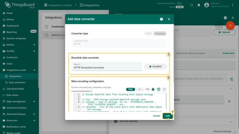 Add data converter dialog — Downlink type, name and encoder script