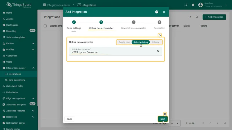 Add integration wizard — Uplink data converter: HTTP Uplink Converter selected