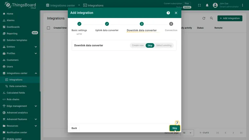 Add integration wizard — Downlink data converter step with Skip selected