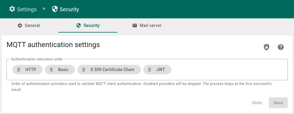 MQTT Authentication Settings showing HTTP provider at the top of execution order
