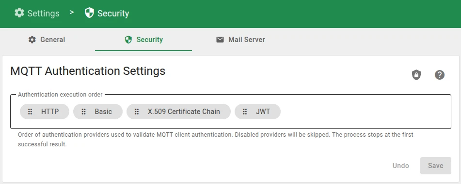 MQTT Authentication Settings showing HTTP provider at the top of execution order