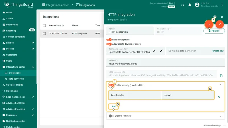 Enable security toggle on — test-header and secret values entered