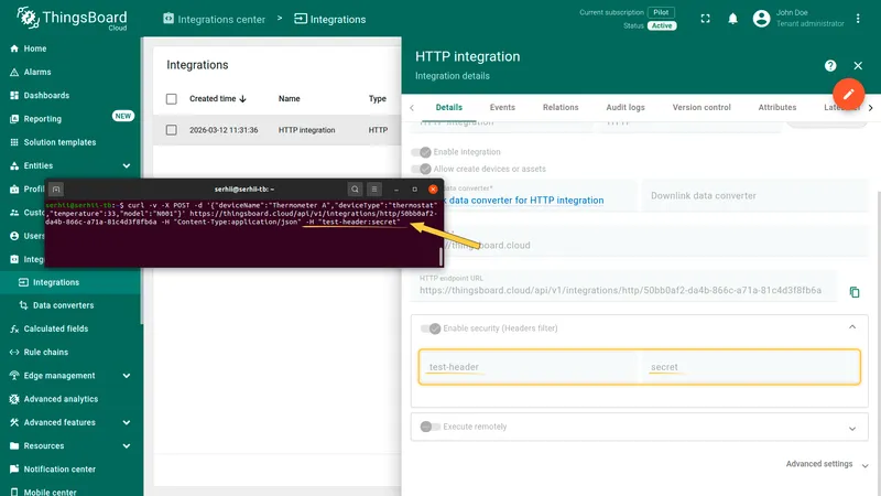 Curl command with -H test-header:secret header alongside the integration settings showing the same header configured