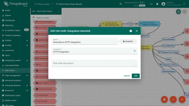 Add rule node dialog configured for HTTP integration downlink
