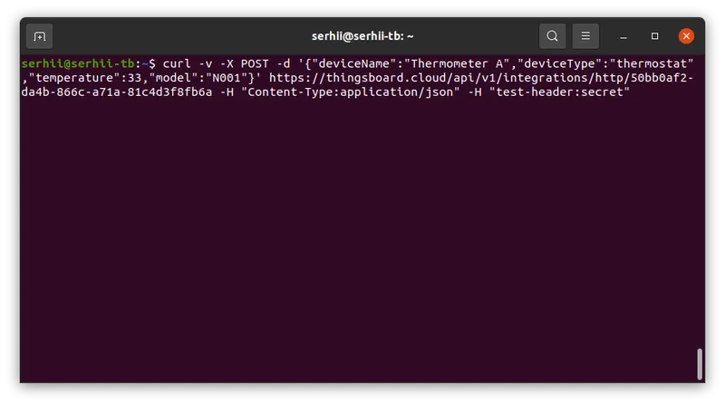 Terminal — curl uplink command being sent
