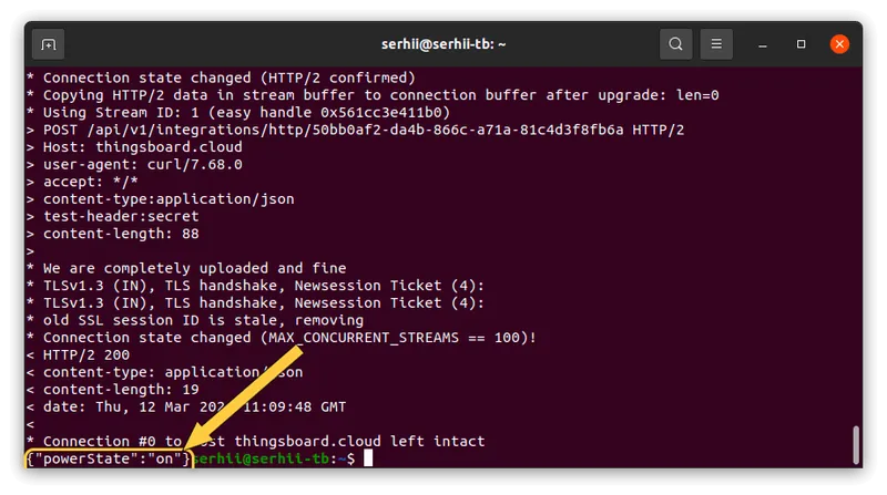 Terminal — HTTP/2 200 response with {"powerState":"on"} body