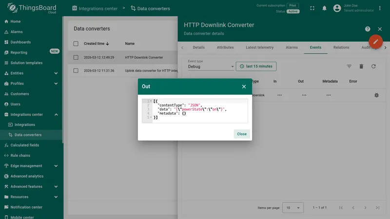 Downlink converter event Out — JSON encoded payload {"powerState":"on"}