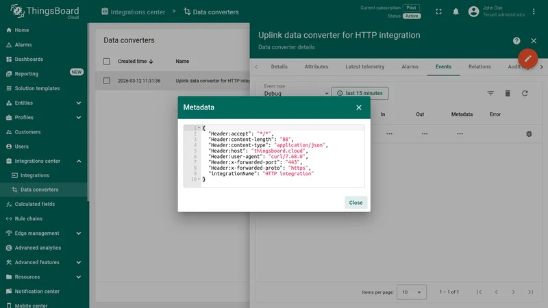 Converter event Metadata — HTTP request headers and integration name