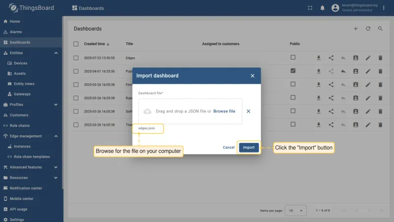 Import dashboard dialog with JSON file selected