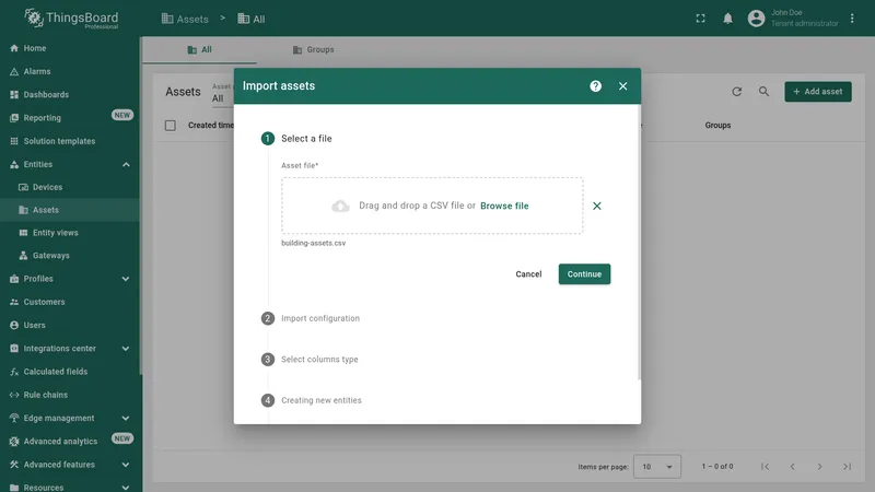 Import assets dialog — upload CSV file