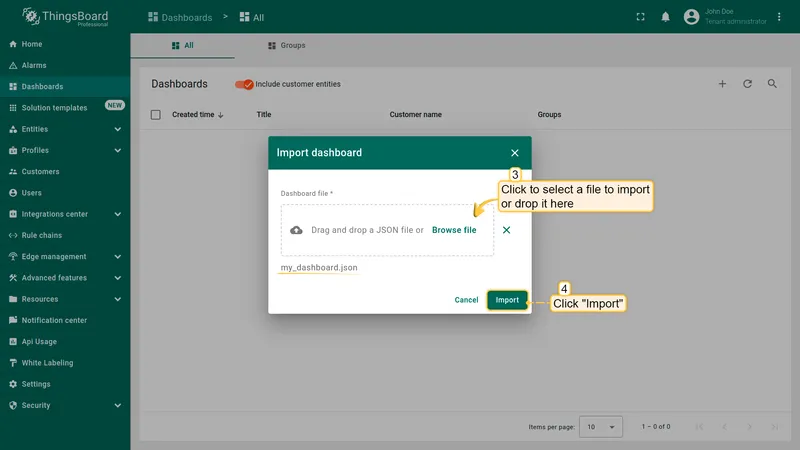 In the dashboard import window, **upload the JSON file** and click the **Import** button.