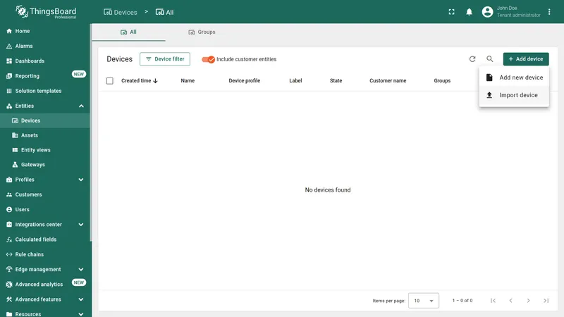 Devices page with Add device menu expanded showing Import device option