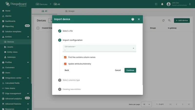 Import device dialog Step 2 Import configuration with delimiter and options