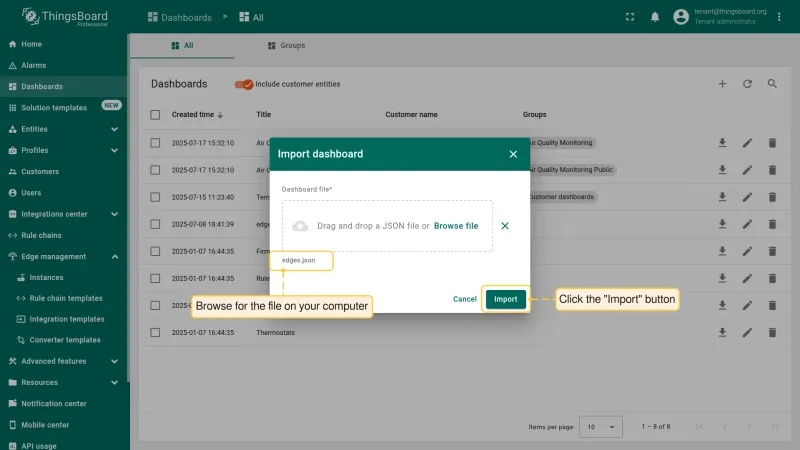 Import dashboard dialog with JSON file selected (PE)
