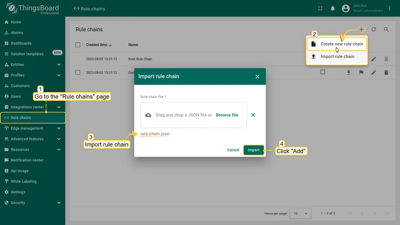 Navigate to the "Rule chains" page and click on the "+" button in the upper right corner of the screen and then choose "Import rule chain" option. The toolbar import popup window will appear. Upload a JSON file and click on the "Import" button