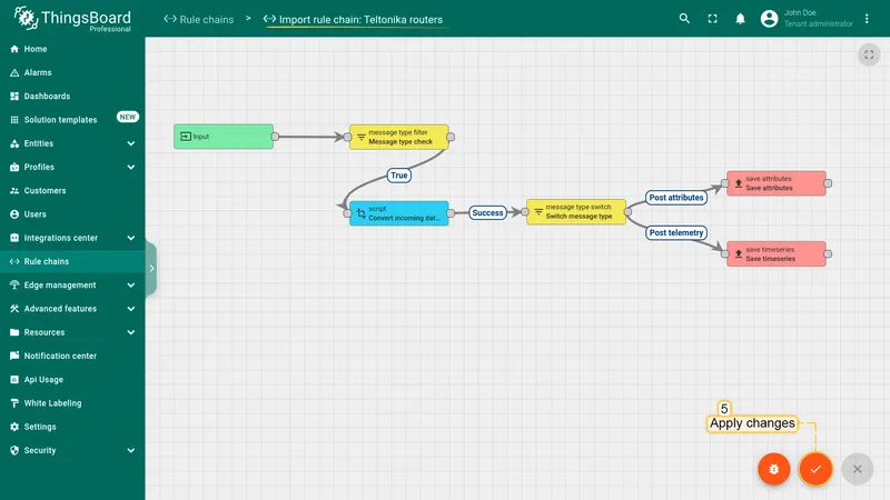 The imported rule chain will open. Click on the "Apply changes" button to save the rule chain. Then, go back to the main "Rule chains" page