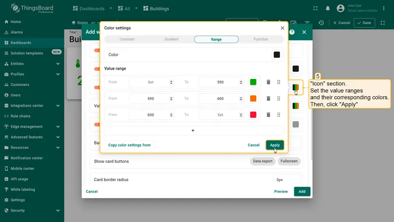 Color settings dialog with Range tab for icon color configuration
