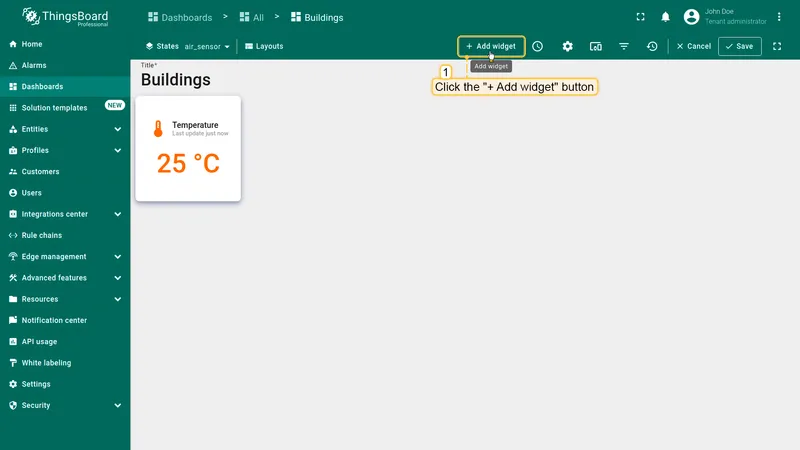 Dashboard in edit mode with Add widget button highlighted