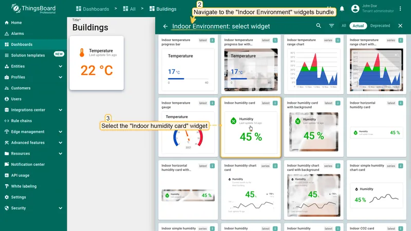 Indoor Environment widgets bundle with Indoor humidity card highlighted