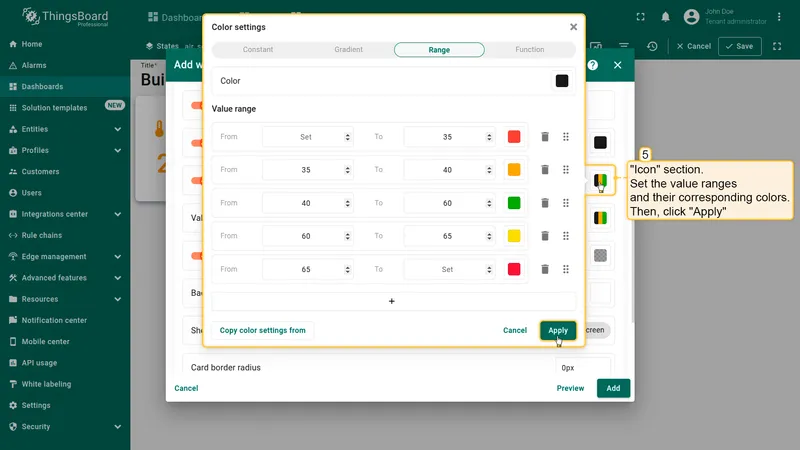 Color settings dialog with Range tab for icon color configuration