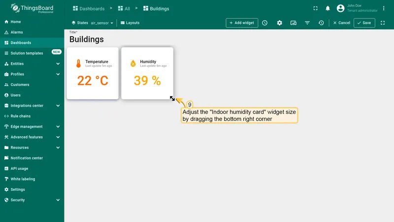 Dashboard with humidity widget resized