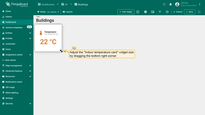 Dashboard with temperature widget resized using drag handle