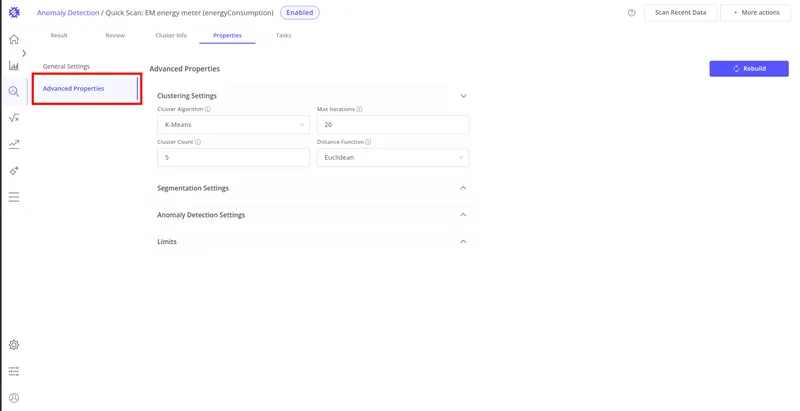 Properties tab with Advanced Properties highlighted showing Clustering Settings, Segmentation Settings, Anomaly Detection Settings, and Limits sections