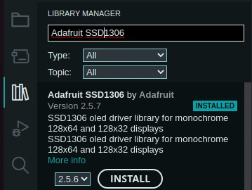 Put into library search field "**Adafruit SSD1306**" and install the library - "**Adafruit SSD1306 by Adafruit**"