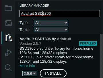 Put into library search field "**Adafruit SSD1306**" and install the library - "**Adafruit SSD1306 by Adafruit**"
