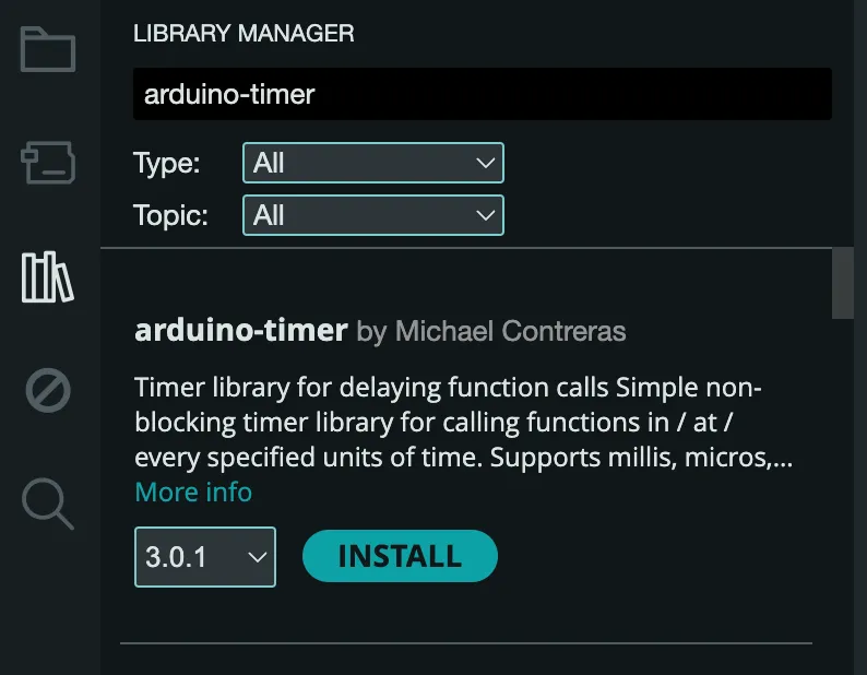 Put into library search field "**arduino-timer**" and install the library - "***arduino-timer by Michael Contreras***"