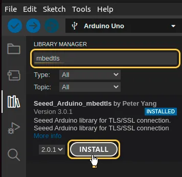Put into library search field "**mbedtls**" and install the library - "***Seeed_Arduino_mbedtls by Peter Yang***"