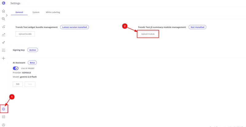 Trendz Settings page — Upload Module button