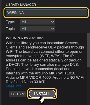Put into library search field "**WiFiNINA**" and install the library - "**WiFiNINA by Arduino**"