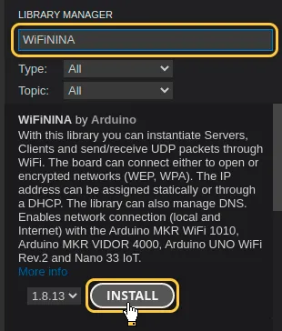 Put into library search field "**WiFiNINA**" and install the library - "**WiFiNINA by Arduino**"