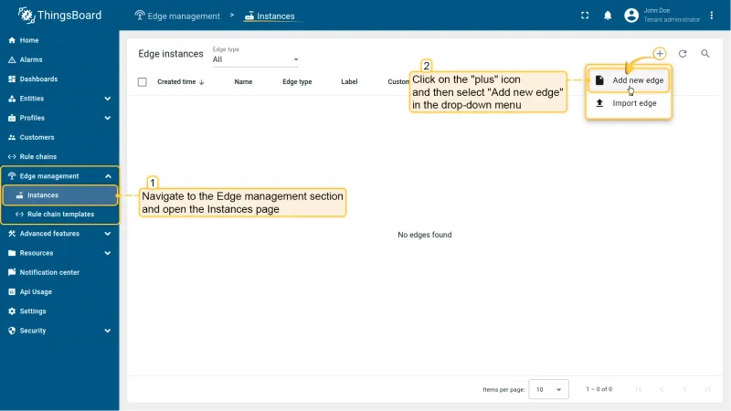 Edge Management Instances section with Add new edge option
