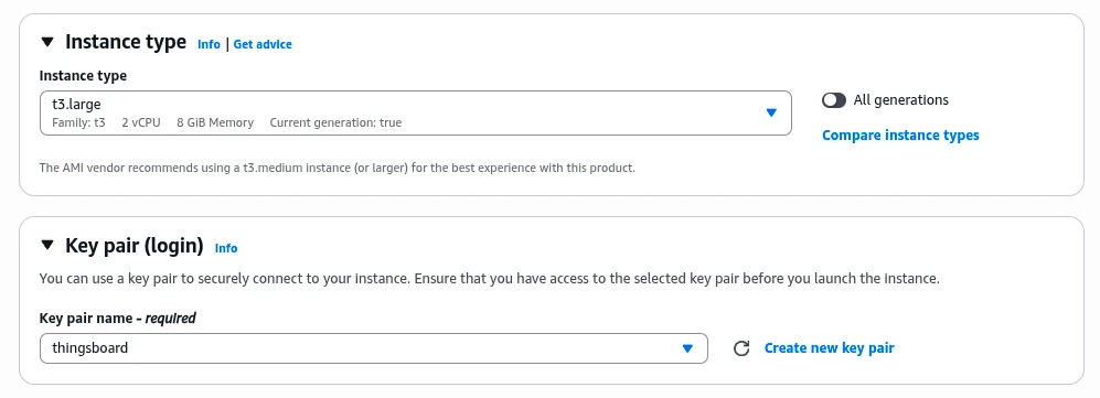 Instance type and key pair configuration