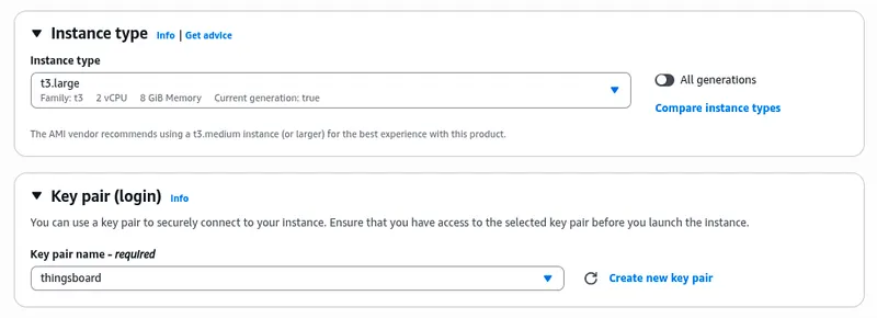 Instance type and key pair configuration