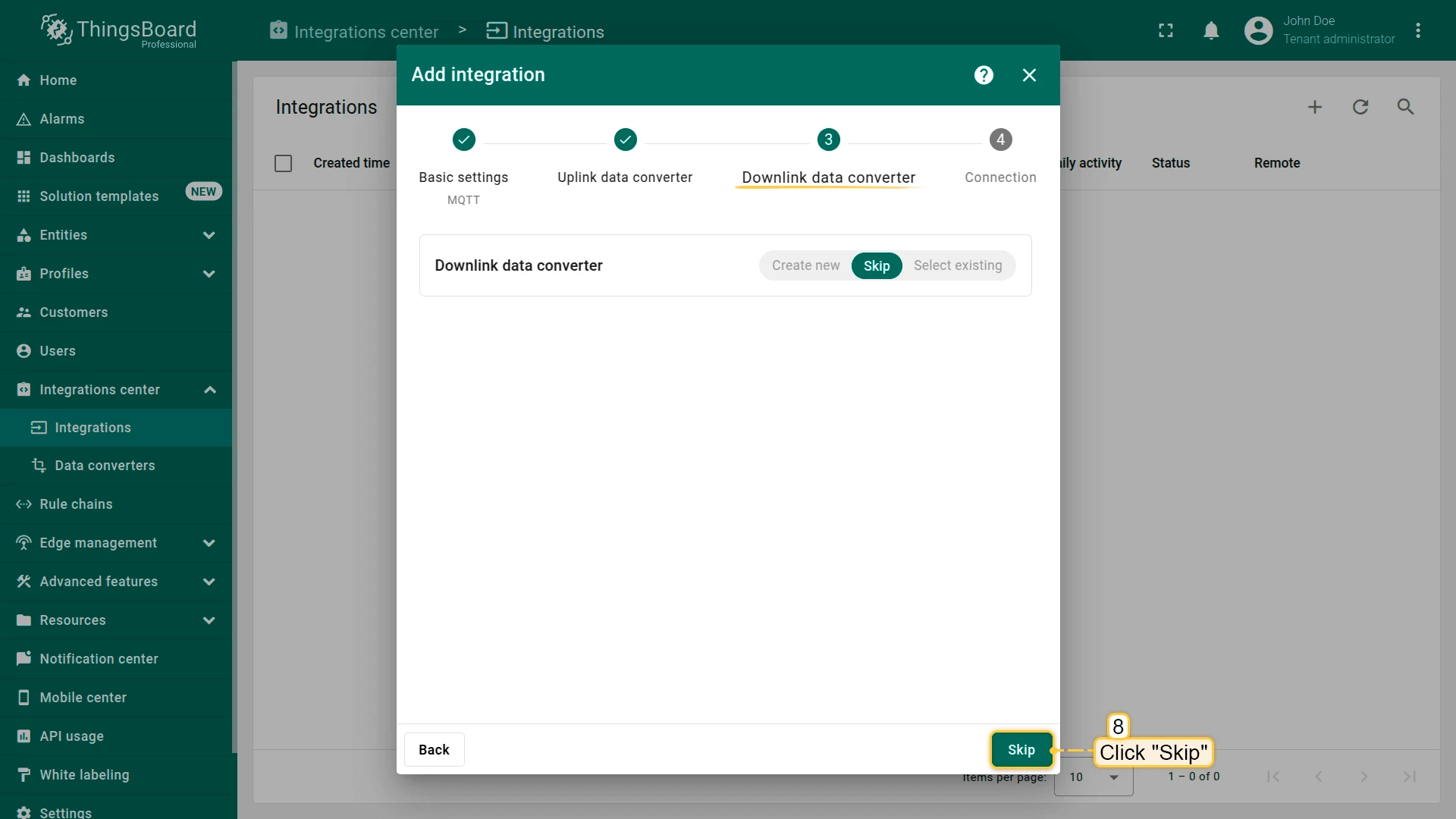 Downlink data converter step with Skip button