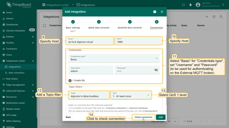 MQTT connection settings with broker host, port, credentials, and topic filter