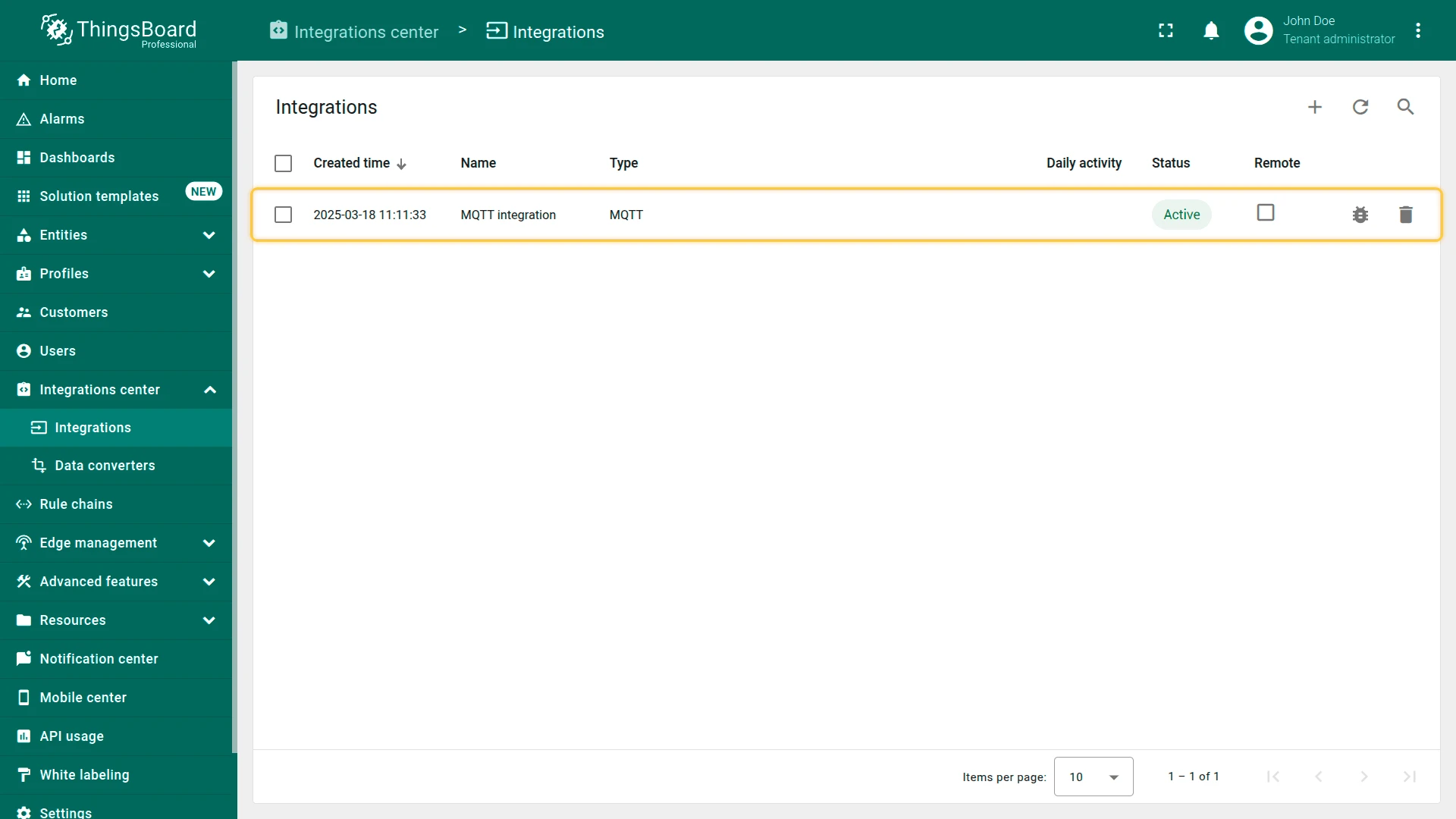 MQTT integration showing Active status